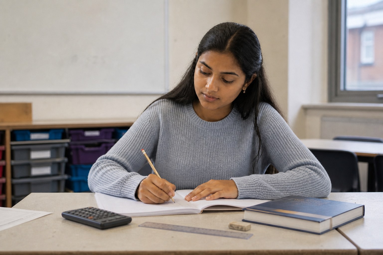 A GCSE student completing Maths work independently