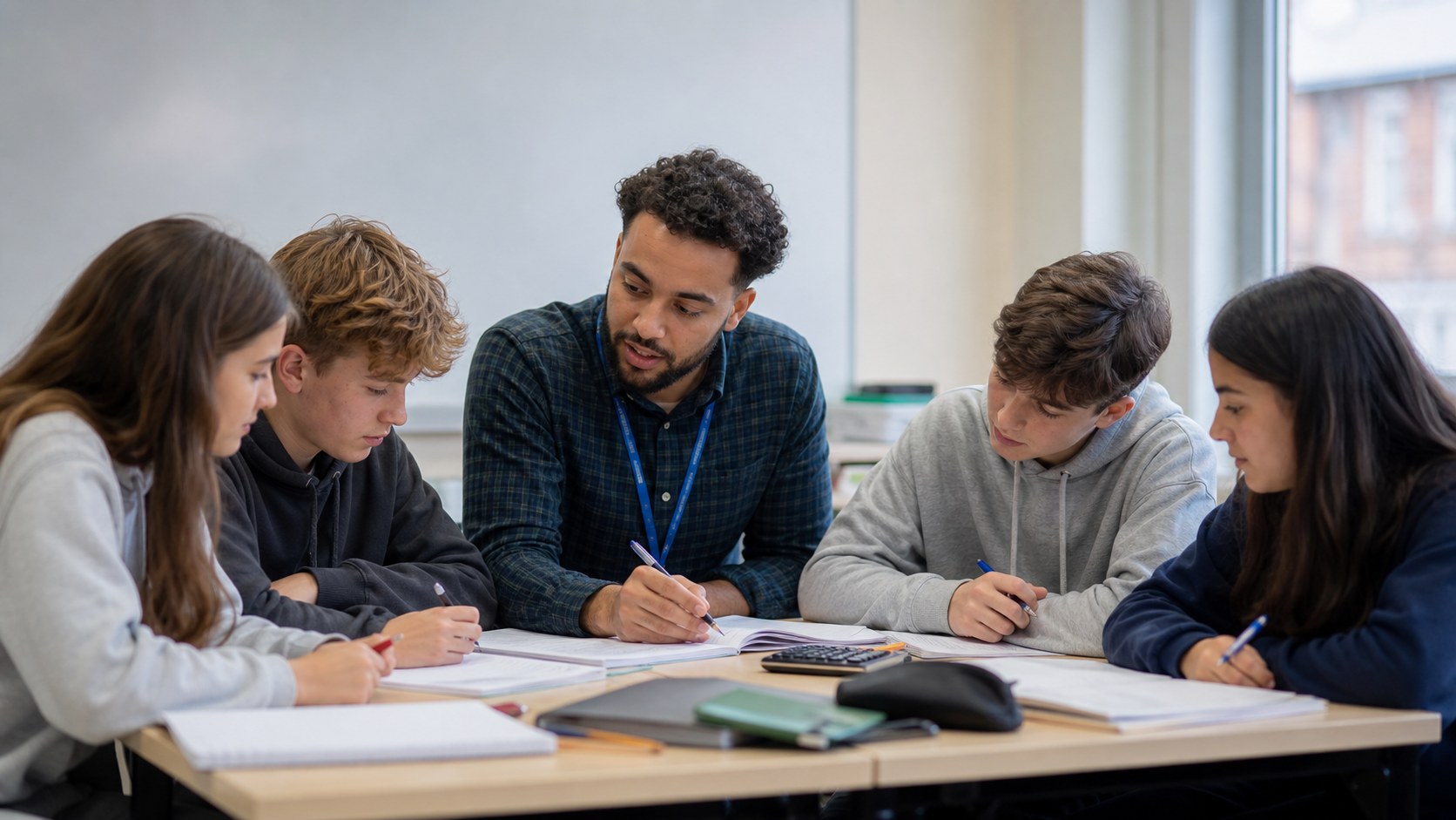 A tutor supporting students during a small-group lesson