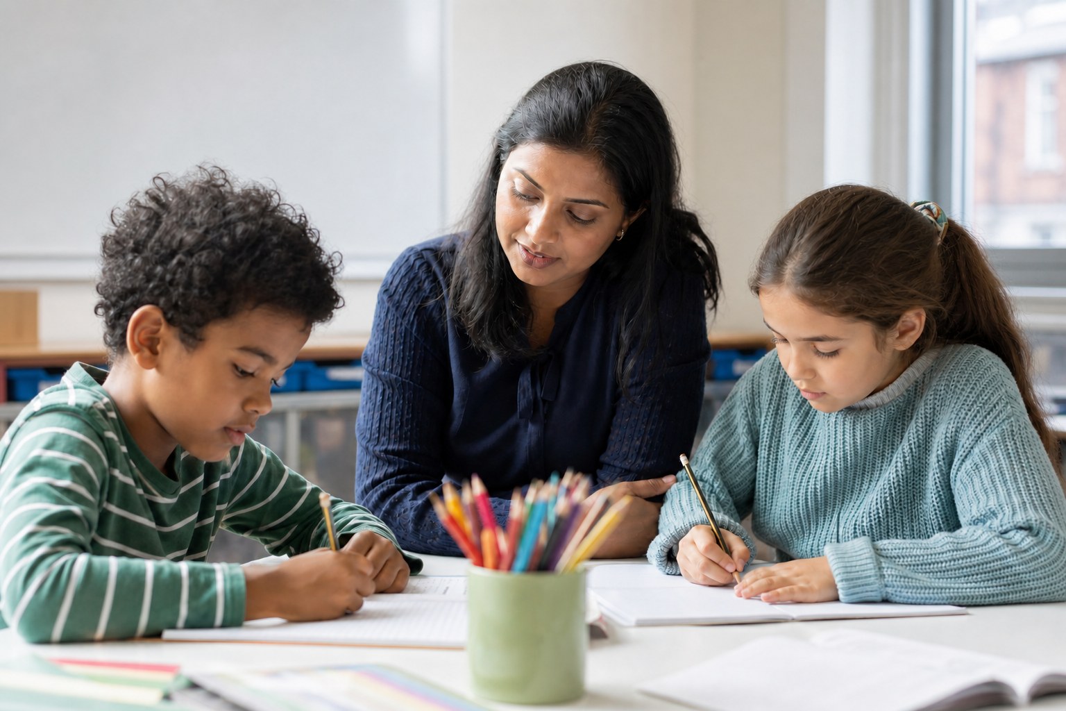 A tutor supporting two younger students in a classroom