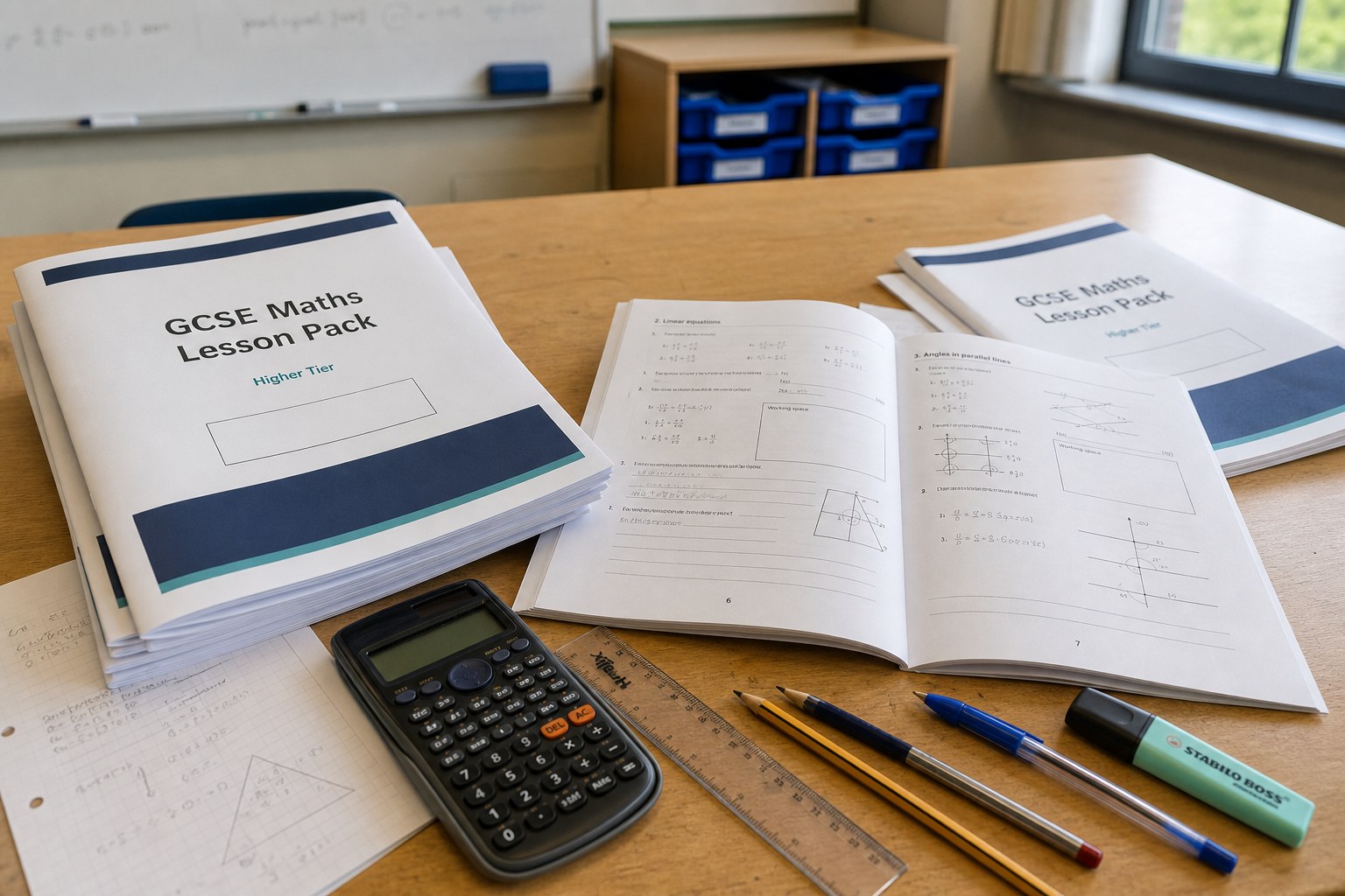 Printed GCSE Maths lesson packs prepared for an in-person session